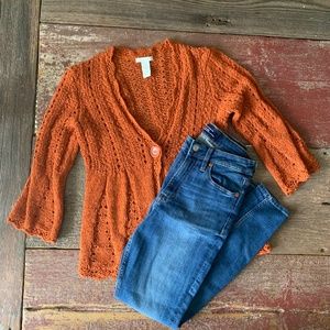 Cute Boho Fall Look - Orange Knit Cardigan and High-Rise Gap Skinny Jeans